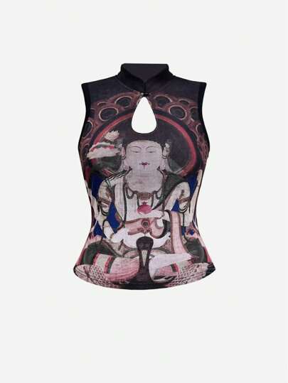 Grunge Punk Top ajustado de mujer con estampado de Buda en estilo chino vintage