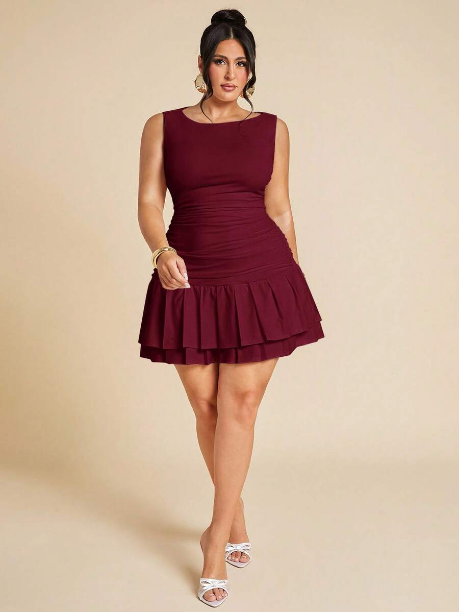 SHEIN BAE Váy ngắn hai lớp nhún bèo không tay màu trắng ôm sát cỡ lớn dành cho nữ, phù hợp cho mùa hè, thu/đông, váy xanh lá cây xô thơm - Màu Đỏ Sâu - Xem 1