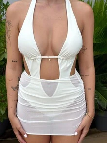 Lucia Bellido Women's One-Piece Swimsuit, Elegant Sexy Halter Hollow Out Backless Seashell Metal Buckle Decor Ruched Skirt Design For Summer Beach Vacation Swim Suits For Women Vacation Outfits Woman Summer Outfits For Women Beach Outfits For Woman/Country Concert Outfit - Apricot - View 5