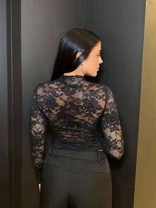 Lucia Bellido Women's Lace Elastic 3328 Peony Floral See-Through Sexy Top (Random Cut) - Black - View 4