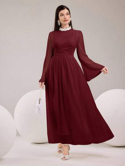 Modelyn 女式仿珍珠装饰立领喇叭袖优雅连衣裙