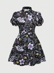 ROMWE Fairycore 复古田园风格植物与飞蛾印花束腰女式衬衫裙，夏季 - 黑色 - 查看 1