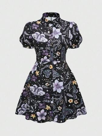 Fairycore Vintage Cottagecore Style Plant & Moth Print Waist Cinched Shirt Dress For Women, Summer