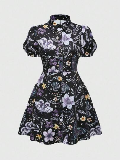 Fairycore Vintage Cottagecore Style Plant & Moth Print Waist Cinched Shirt Dress For Women, Summer