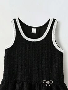 Maija Kids Maija Kids 2 件套年轻女孩经典时尚百搭派对休闲优雅简约白色立领蕾丝长袖 T 恤搭配黑色粗花呢无袖连衣裙饰有金属蝴蝶结饰边