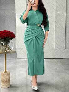 Modelyn 女式纯色七分袖褶饰设计修身优雅中长连衣裙 - 綠色 - 查看 3