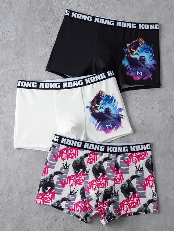 GODZILLAxKONG X SHEIN 3pcs Men's Black & White Comfortable Letter Graphic Gorilla Print Trunks, Basic Casual Briefs