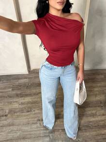 SHEIN SXY 女士性感优雅简约不对称单肩露肩上衣，夏季休闲百搭衬衫