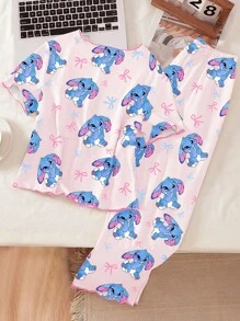Teen Girls Pajamas Set, Minimalist Pink Base With Rabbit & Bow Print, Contrast Trim Short Sleeve Top And Long Pants, Casual Loungewear, Back To School Fashion Cute Pajama Set - Pink - View 2