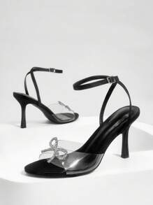 CUCCOO SZL 女士黑色缎面和TPU蝴蝶水钻装饰带踝带性感高跟凉鞋，时尚优雅，适合夏季 - 黑色 - 查看 7