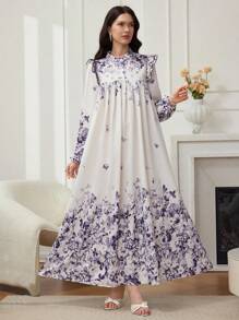 Al Najma 女士优雅花卉印花长裙 - 紫色 - 查看 4