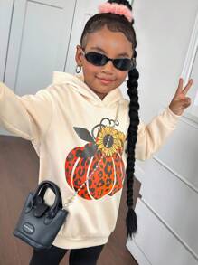 年轻女孩可爱百搭休闲万圣节卡通图案长袖运动衫 - 卡其色 - 查看 5