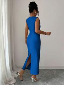 Elenzga Women's Elegant Fashion Commuter Casual Comfortable Charming Retro Romantic Vacation Sleeveless V-Neck Waist Gathered Bodycon Solid Color Dress - Royal Blue - View 2