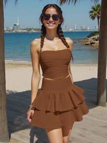 2 件套青少年女孩海滩度假日常法式甜美修身抹胸和高腰荷叶边迷你裙，针织面料吊带背心 - 棕色 - 查看 3