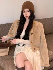 DAZY Casual Versatile Solid Color Fluffy Short Jacket, Autumn/Winter Women Coats - Khaki - View 3