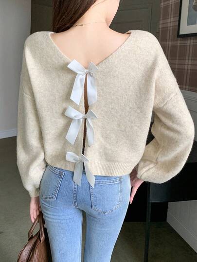SHEIN 少女蝴蝶结装饰简约长袖毛衣，休闲日常穿着冬装，长袖毛衣