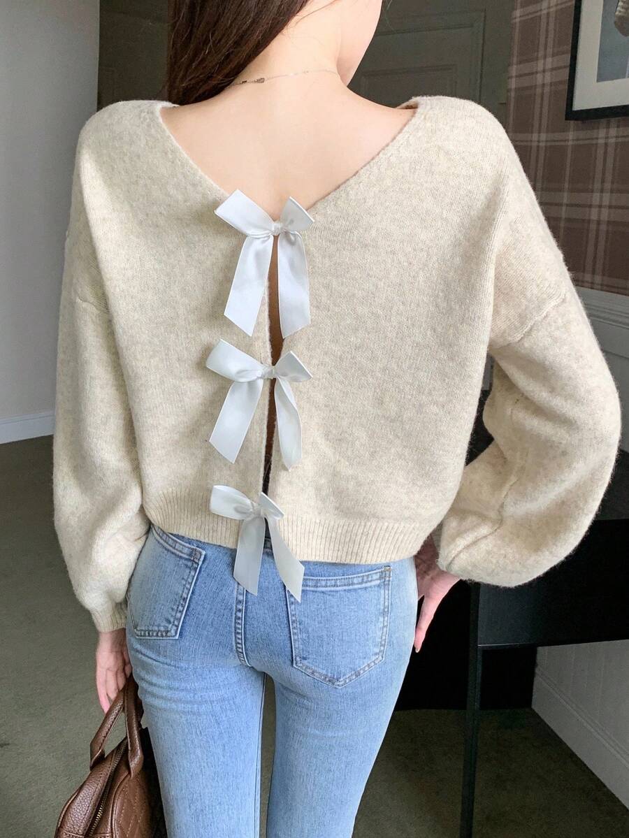 SHEIN Teen Girl Bow Decor Minimalist Long Sleeve Sweater, Casual Everyday Wear Winter Clothes, Long Sleeve Sweaters - White - View 1