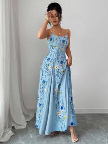 Elenzga Váy họa tiết hoa thanh lịch dành cho nữ, thích hợp cho kỳ nghỉ - Màu xanh lam - Xem 5
