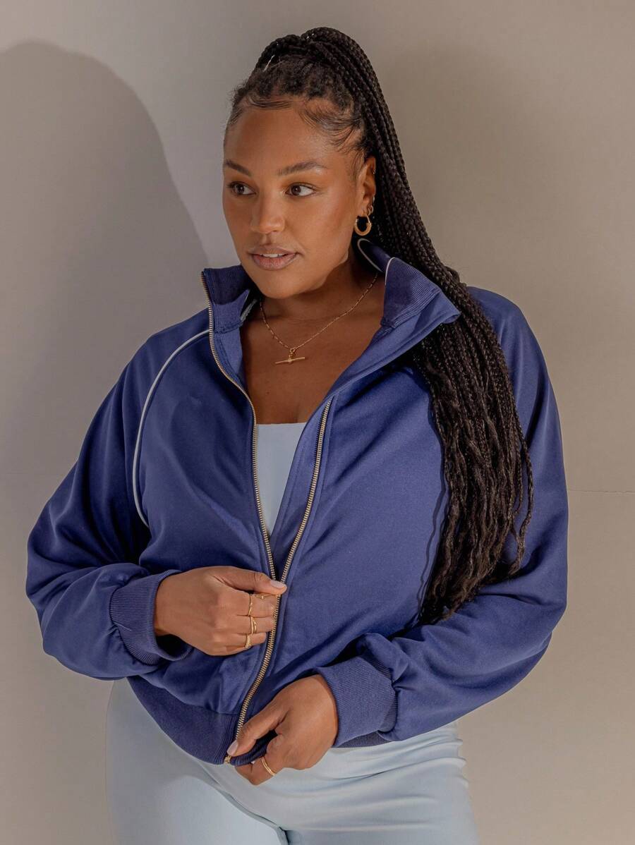 Aralina Plus Curve Leisurewear Fall Winter Y2K Stockholm Style Streetwear Zip Through Pipping Sweat Gym Top Airport Autumn - Blue - View 1