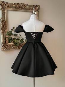 Lovelzi Elegant Black Satin Off Shoulder V-Neck Shoulder Luxury Three-Dimensional Rhinestone-Embellished A-Line Tutu Dress With Adjustable Straps On The Back, Suitable For Dates, Beach Vacations, Singles, Birthdays, Coming-Of-Age Ceremonies, Parties, Graduation Homecoming Season, Wedding Guests, Women Prom Dresses, Party Dress