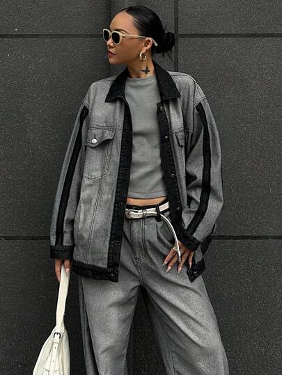 DAZY 女式撞色上衣和宽松牛仔裤休闲套装