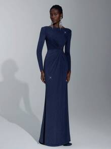 Elitara Ladies' Boat Neck Long Sleeve Bridesmaid Dress With Twisted Waist, (Adult) Elegant Formal Evening Prom Wedding Guest Gown, For Graduation, Dinner Party Dress - Navy Blue - View 7