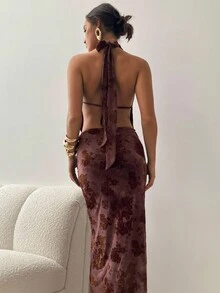 Aloruh Vestido largo elegante y sexy de mujer con cuello en V profundo, espalda descubierta y bordado en flor - Marrón - Ver 3