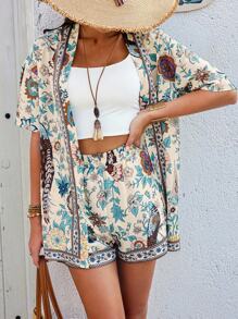 Selianne 2pcs Women Boho Style Retro Print Long Cardigans And Shorts Set