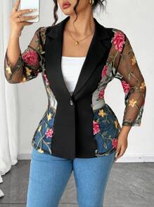 Elenzga Plus Size Women Embroidered Mesh Patchwork Sheer Elegant Blouse - Black - View 5