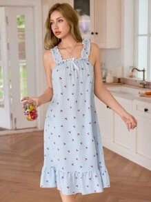 Snug Zone Bubble Print Bow Decor Pleated Loose Strap Romantic Sleep Dress  Cozy And Elegant Details - Multicolor - View 6