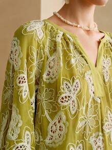 Zanirela 女士雪纺面料V领H型刺绣镂空设计优雅约会长袖衬衫秋季女士外出上衣女士秋季飘逸上衣 - 綠色 - 查看 3