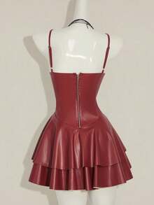 SHEIN ICON Y2K 女士酒红色 PU 皮革性感 V 领迷你连衣裙