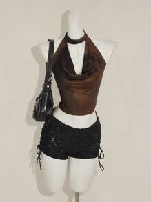 SHEIN ICON Y2k 夏季外出俱乐部音乐会黑红西部嬉皮花卉女式扎染网眼印花露背背心 - 棕色 - 查看 3