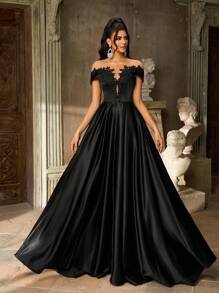 Aureia 优雅奢华黑色露肩超喇叭形仿珍珠刺绣蕾丝贴花透明网眼缎面褶皱连衣裙，适合婚礼、派对、舞会、度假、晚会