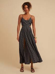 SHEIN VCAY Paisley Print Split Thigh Cami Dress