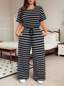 SHEIN EZwear 大码红色条纹T恤和裤子休闲两件套，夏季 - 黑色 - 查看 6