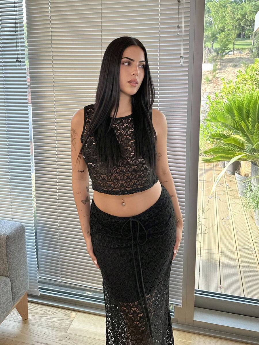 Lucia Bellido WYWH 女士度假针织钩针背心和开衩下摆裙套装，音乐节波西米亚风格 - 黑色 - 查看 1