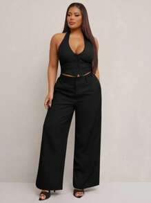 SHEIN SXY Bộ vest blazer 2 món thanh lịch gợi cảm cỡ lớn dành cho nữ: Áo vest ôm sát không tay màu xám + Quần dài ống đứng cạp rộng cài hai hàng khuy phù hợp, Thích hợp cho du thuyền, tiệc Carnival, kỳ nghỉ bãi biển, đêm hẹn hò, sinh nhật, tiệc độc thân, Gyaru, Ibiza, Nashville, nghỉ ngơi, tiệc tùng, khiêm tốn, sang trọng, câu lạc bộ, dễ thương, thường ngày, mua sắm, thời trang đường phố, đi chơi, - màu đen - Xem 4