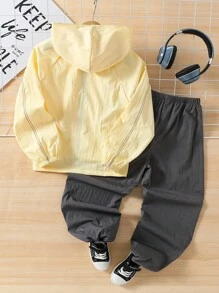 2pcs Toddler Boys' Light Color Zip-Up Hooded Jacket And Dark Color Elastic Cuff Pants Set, Spring/Autumn Chic Outfits For Autumn/Winter - Yellow - View 2