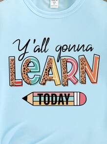 SHEIN Back To School Cute Pencil Print Casual Mint Green Short Sleeve T-Shirt For Young Girl Back To School Shirt Kids Inspirational Shirts For Kids School Clothes Tween Girls T Shirts 2nd Grade Shirt Kids Second Grade Shirt Girls - Blue - View 5