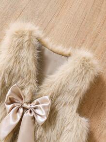 Elladie kids 少女毛绒蝴蝶结装饰外套背心，适合休闲、时尚、优雅的日常穿着 - 卡其色 - 查看 6