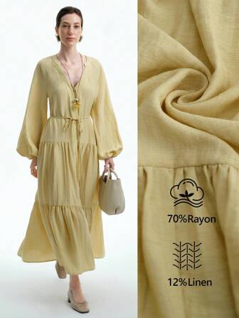 Aalyst Vestido Longo Minimalista Feminino de Manga Longa Tipo Lanterna, Manga Raglan, Estilo A-Line, Casual, Sólido, Cintura com Amarração, Estilo Elegante de Senhora