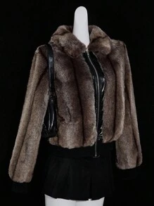 SHEIN ICON Abrigo de mujer con cremallera de estilo retro de piel sintética, elegante para otoño/invierno, abrigo de piel, abrigo de peluche