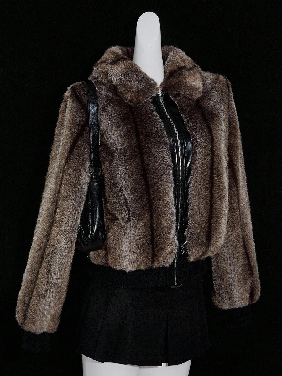 SHEIN ICON Abrigo de mujer con cremallera de estilo retro de piel sintética, elegante para otoño/invierno, abrigo de piel, abrigo de peluche