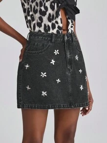 Slaydiva Women's Casual Rhinestone Decorated Denim Mini Skirt, Summer - Black - View 3