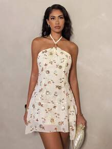 Glamine 女士橙色串珠性感无袖不对称下摆迷你露背度假派对连衣裙 - 杏色 - 查看 5