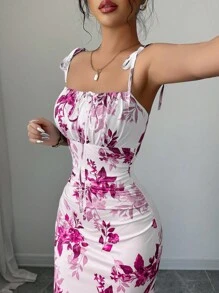 Elenzga Gaun Wanita Terbaru dengan Tali Bahu Tipis, Ikat Pita di Pinggang, Hem Bergelombang, dan Belahan, Serbaguna untuk Kencan, Pesta, dan Pakaian Sehari-hari, Menawan dan Elegan - Hot Pink - View 3