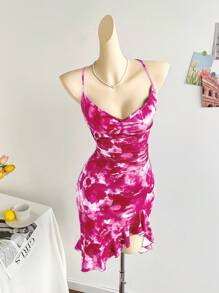 Soleia 女士节日蓝色扎染大花印花低胸交叉露背褶饰不对称下摆荷叶边下摆中长连衣裙，适合派对、约会、情人节、城市街头假日、分层扎染连衣裙粉色扎染连衣裙夏季连衣裙粉色连衣裙生日连衣裙