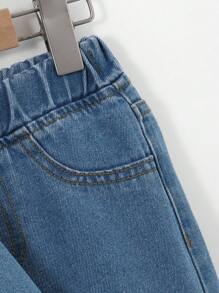 2pcs Girls Casual Denim Cropped Top And Cute Embroidered Denim Pants Comfortable Washed Denim Set - Medium Wash - View 5