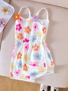 SHEIN 女童（小）白色时尚可爱卡通多色花卉印花吊带连体裤，舒适春夏